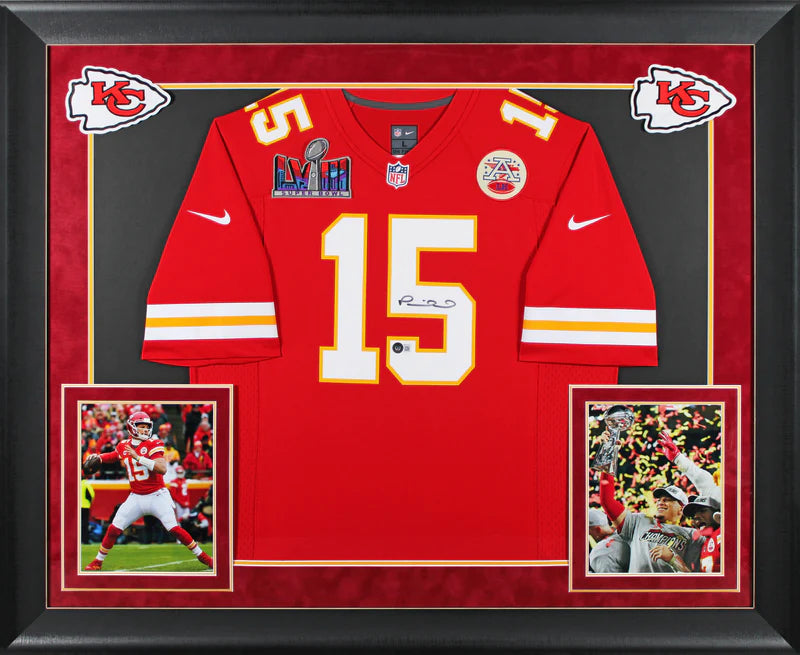 Patrick Mahomes Signed Kansas City Chiefs LVIII Logo Framed Football Jersey with Beckett Witness